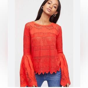 Free People Women’s Red Once Upon A Time Crochet Red Top with Bell Sleeve size S
